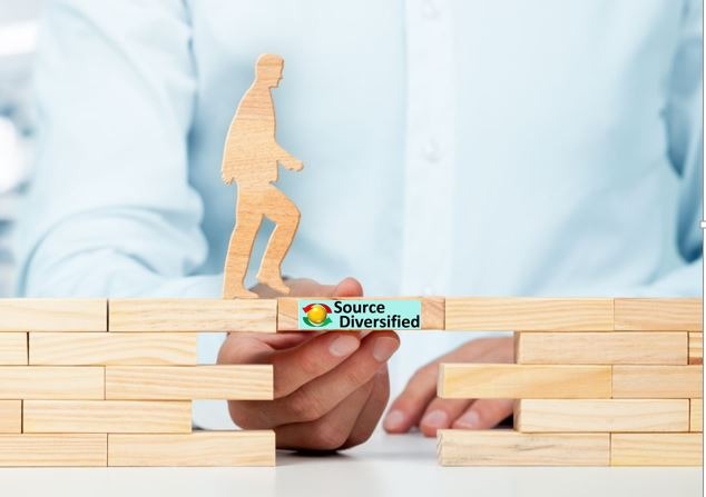 A wooden figure of a person walking on a small bridge made of blocks, with "Source Diversified" logo visible, symbolizing progress and support.