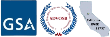 GSA logo, SDVOSB certification emblem, and California DVBE status outline military veteran-owned business credentials and qualifications.
